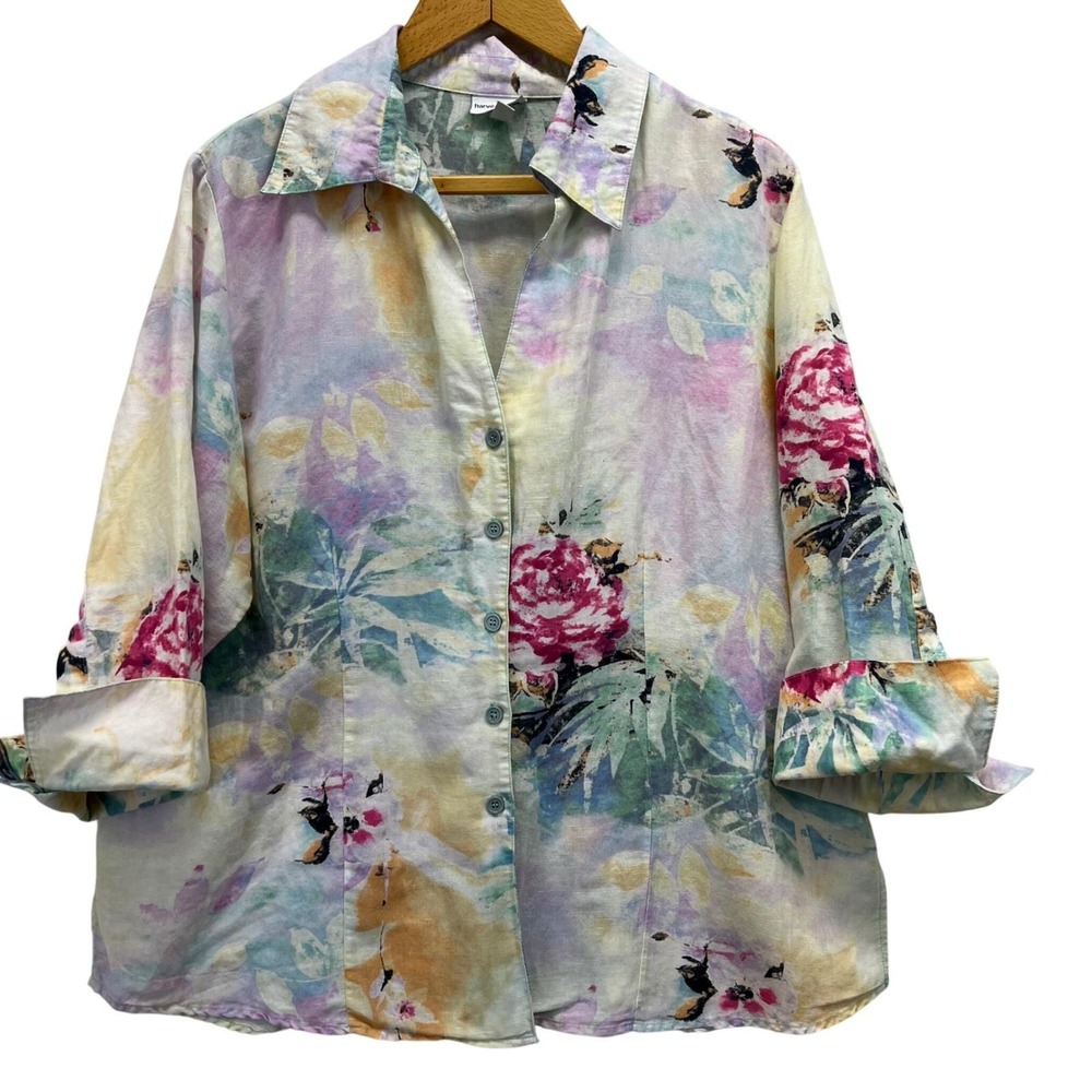 VTG 90s Harve Benard 1X Watercolor Floral Print B Linen Blend Shirt Flip Cuff
